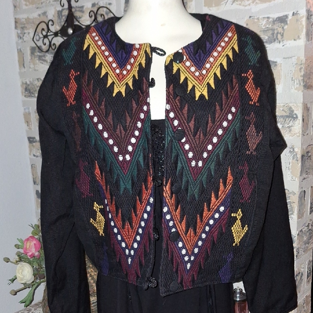 Bohemian Black Jacket With Vibrant Pattern - image 2